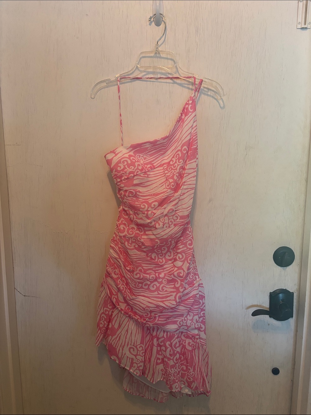 Amanda Uprichard Pink and White One-Shoulder Printed Dress